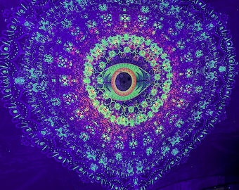 3D Eye Mandala UV Tapestry, Fluorescent Blacklight Mesh (2 Layers), Psychedelic Fractal Geometry Art