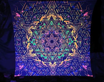Blacklight Metatron Tapestry, Psychedelic Techno Satin Fabric Poster
