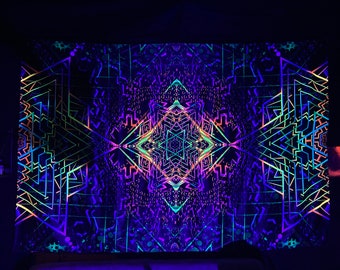 UV Psychedelic Fluorescent Trippy Tapestry "Power of Merkaba" horizontal  Psychedelic Art blacklight Flower Tapestry Backdrop Flower Of Life