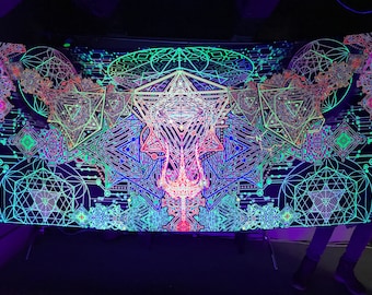 UV Psychedelic Fluorescent Trippy Tapestry Trishul - Vibrant Satin Art Print for Blacklight Enthusiasts and Visionary Art Lovers