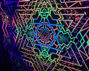 Psychedelic backdrop Metatron Blacklight Spiritual Tapestry fractal art Fabric Poster Aesthetic Meditation room Techno