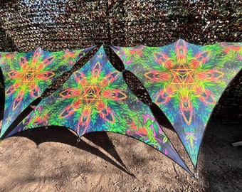 DJ booth, psychedelic art Merkaba, uv reactive fabric stage, Blacklight Spiritual Tapestry fractal Flower