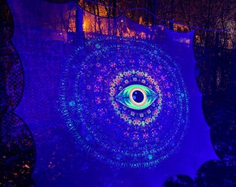 UV Blacklight Tapestry Fractal with Evil Eye Mandala Design, Glow in the Dark Psychedelic Poster for 3D Wall Installations