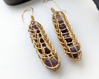 Amethyst earrings, Viking Knit earrings, Amethyst gemstones,  Viking Knit chain, beaded earrings, Amethyst jewellery