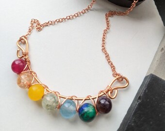 Rainbow gemstone necklace, multicolour jewellery, chakra colours, rainbow jewellery, copper jewellery