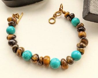 Turquoise bracelet, Tigers Eye bracelet, Tiger's Eye beads, genuine Turquoise bracelet, genuine turquoise, 11th Anniversary gift for her