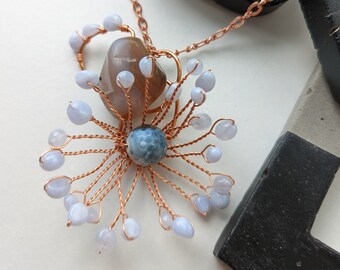 Chalcedony flower necklace, Blue chalcedony copper focal necklace. Abstract flower necklace, metal flower, agate nugget, copper steampunk