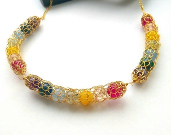 Rainbow gemstone necklace, viking knit necklace, multicolour jewellery, chakra colours, rainbow jewellery, viking knit jewellery