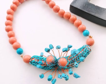 Turquoise magnesite and coral wooden beaded necklace.   Viking Knit jewellery, boho necklace. Bright, fun unusual necklace.