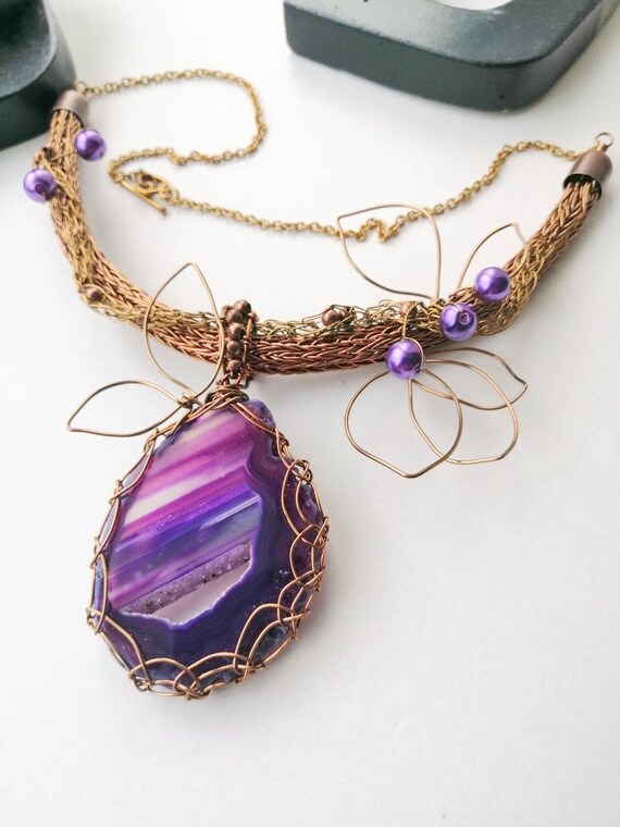 Purple Agate Slice Pendant With Viking Knit, Viking Knit Necklace 