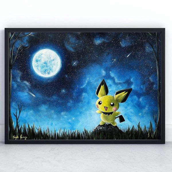 POSTER of Pichu under the moon Pokemon art - Pichu print - Pokemon wall art - art work - Pokemon poster - Decor