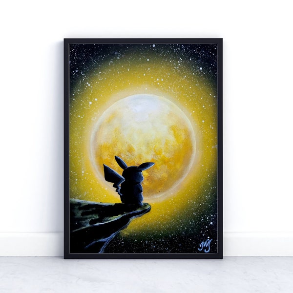 POSTER of Pikachu under the moon - Pokemon print  - art work - Pokemon fan - Pikachu decor - Pokemon gaming room art