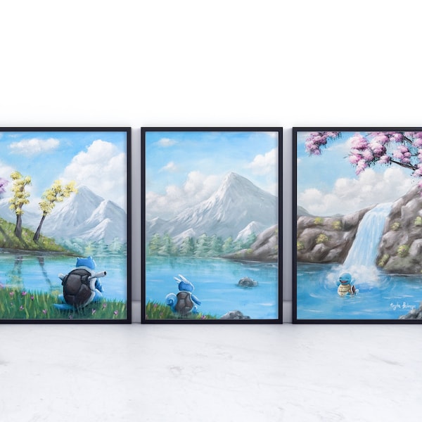 POSTER of Squirtle Lake Set ,  Squirtle, Wartortle & Blastoise set in nature  - Pokemon print - art work - Pokemon fan - Pokemon decor