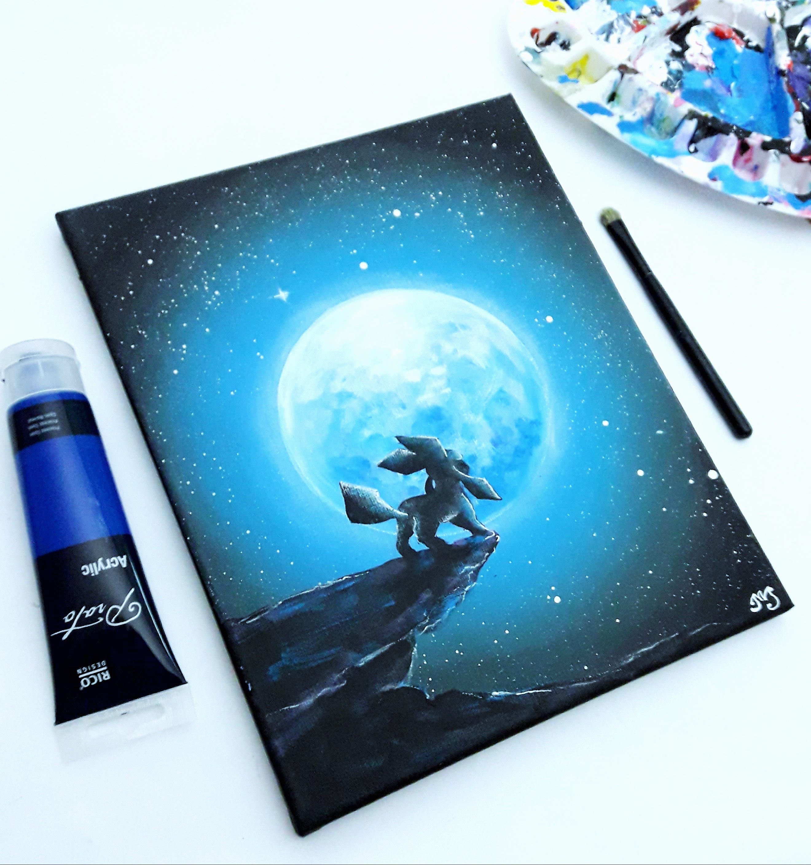 Glaceon unter dem Mond Pokemon Gemälde AcrylMalerei