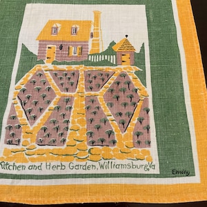 Vintage Tea Towel  / Souvenir Linen “Kitchen and Herb Garden, Williamsburg, Va” by Emily