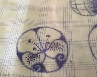 Vintage Silk Handkerchief or  Pocketsquare / Green Silk with Hand Painted Motifs