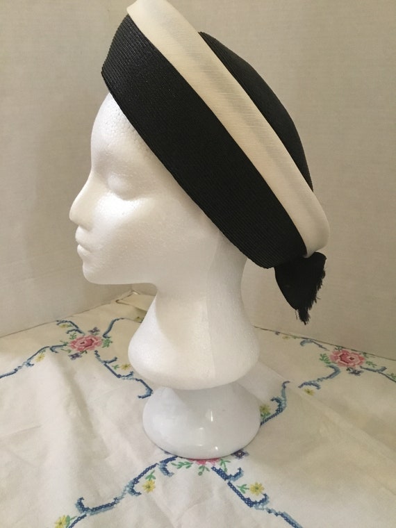 Vintage Straw Hat / Navy Blue and White