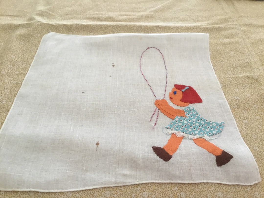 Vintage Child’s Handkerchief / Appliqué on Linen / Little Girl Jump ...