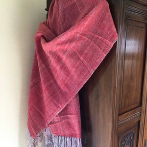 Vintage Shawl / Handwoven Red Wool With Macrame Fringe