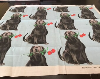 Cotton Print Fabric / Black Labrador Retrievers with Roses
