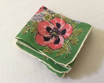 Vintage Handkerchief / Bright Poppies on Linen