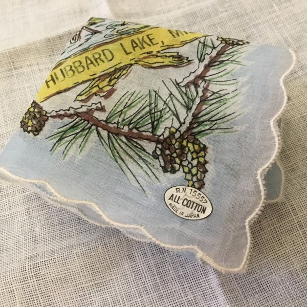 Vintage Handkerchief / Hubbard Lake Michigan Souvenir