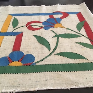 Vintage Linen Pillow Top to Finish / Embroidery and Fabric Paint / Folk Art Flowers