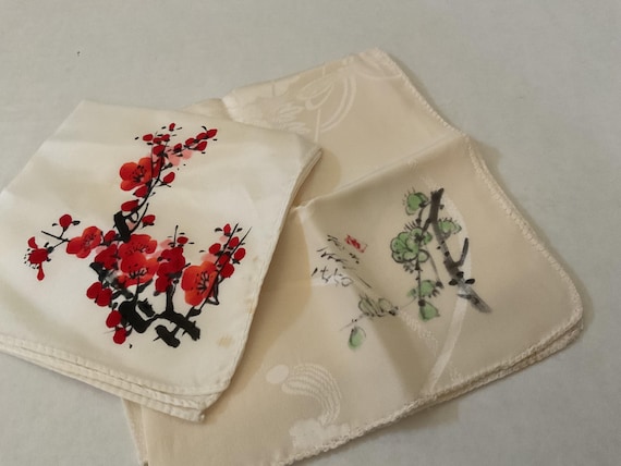 Two Vintage Hand-painted Handkerchiefs of Japanese Blossoms