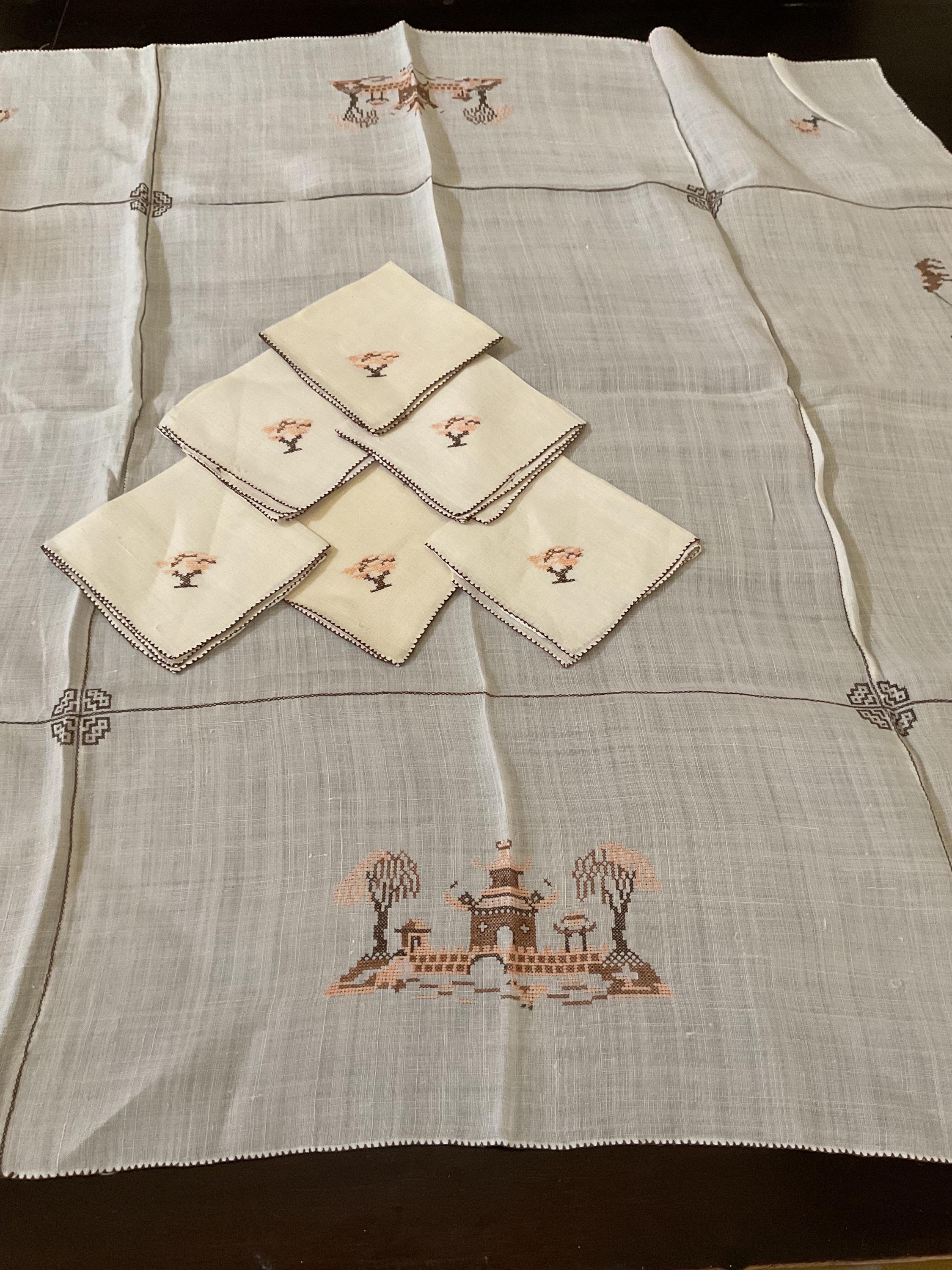 Vintage Linen Tablecloth & 6 Napkins / Bridge Size  / Hand Embroidered Pagodas,  Trees and Camels