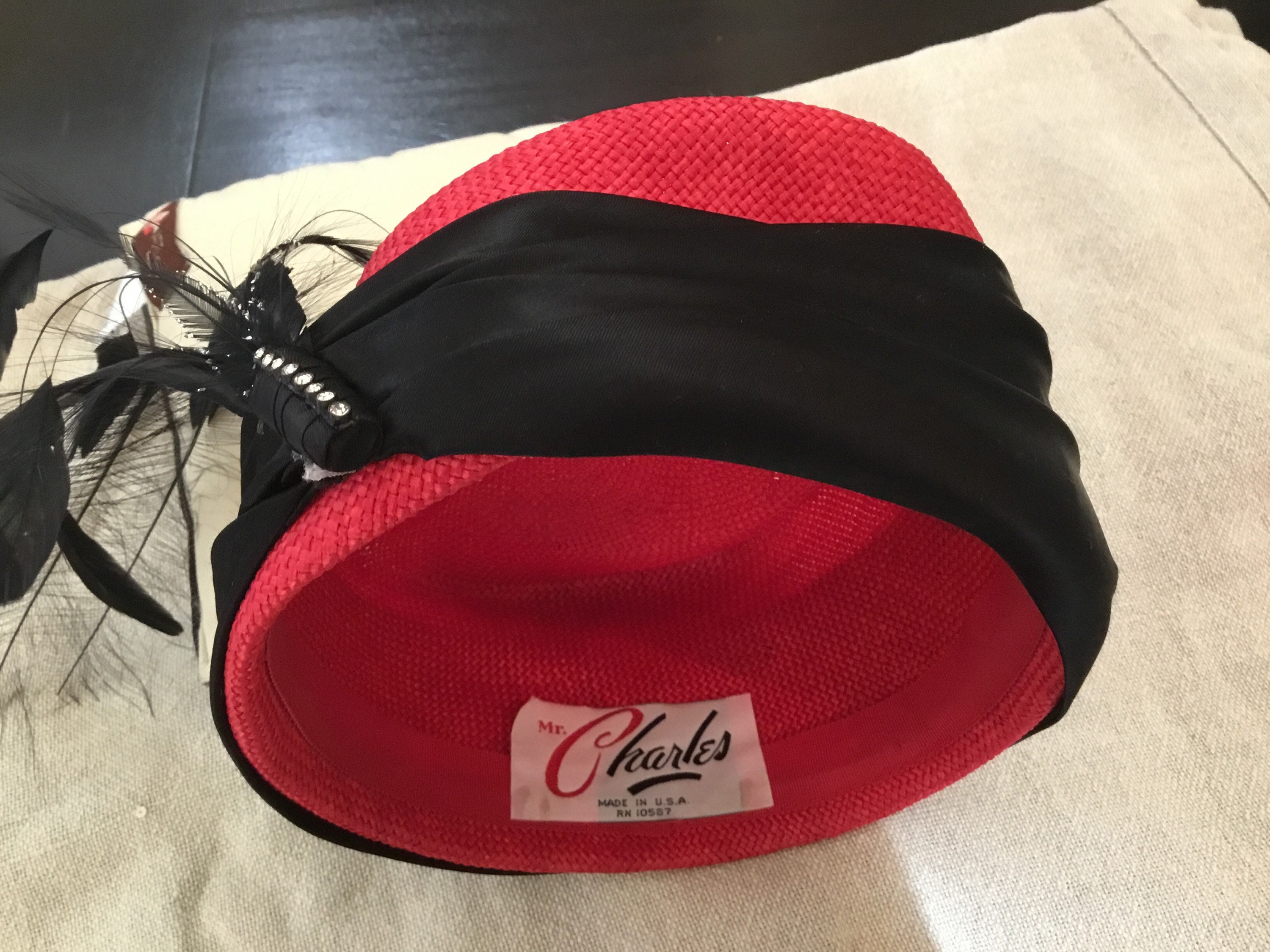 Vintage Hat / Red Pillbox With Black Feather Trim / Mr 