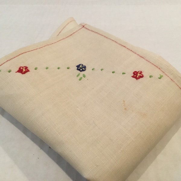 Vintage Handkerchief / Pocket Square / Hand Embroidered Flowers / Patriotic Holiday Handkerchief