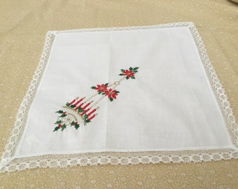 Vintage Handkerchief / Embroidered Holiday Poinsettia Chandelier