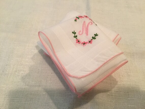 Vintage Handkerchief / Embroidered Pink "N"