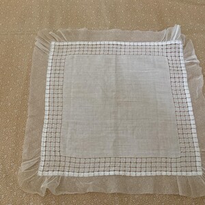 Puede incluir: Un pañuelo cuadrado blanco vintage con un delicado borde calado. El centro es liso, mientras que los bordes presentan un patrón de rejilla. El pañuelo tiene un ribete transparente y con volantes.