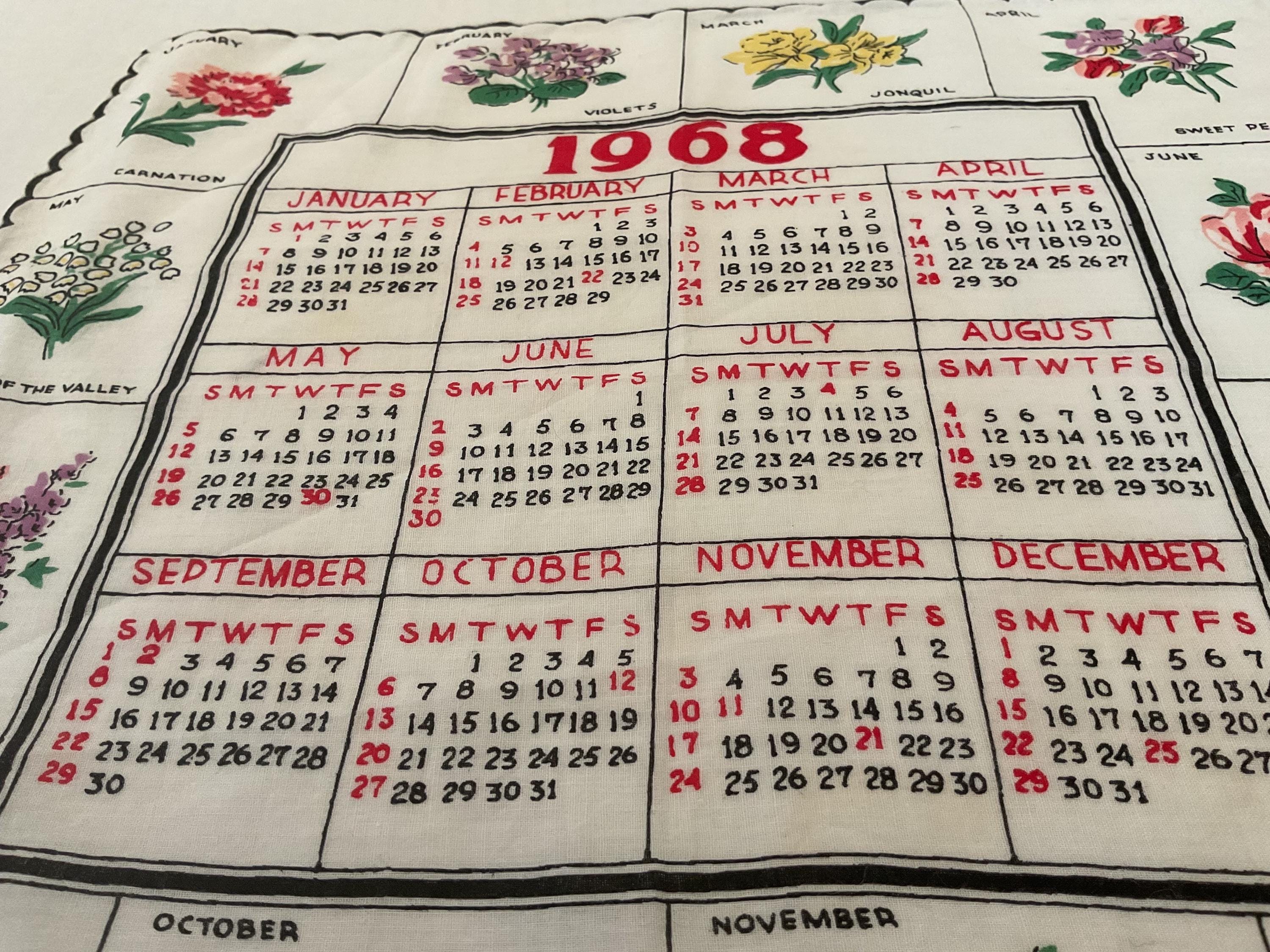 Vintage Handkerchief / 1968 Calendar, Probably by Krier - Etsy