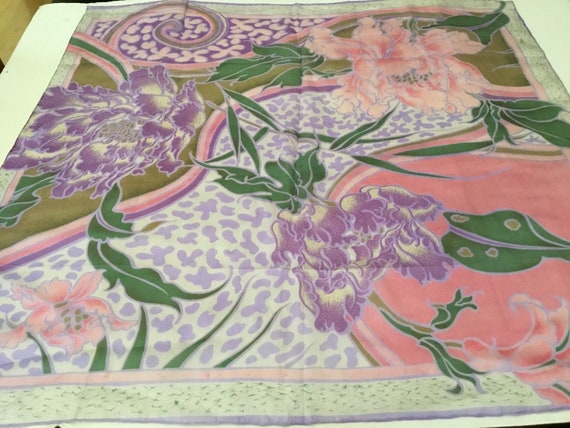 Vintage Silk Scarf / Pastel Peonies and Orchids - image 6