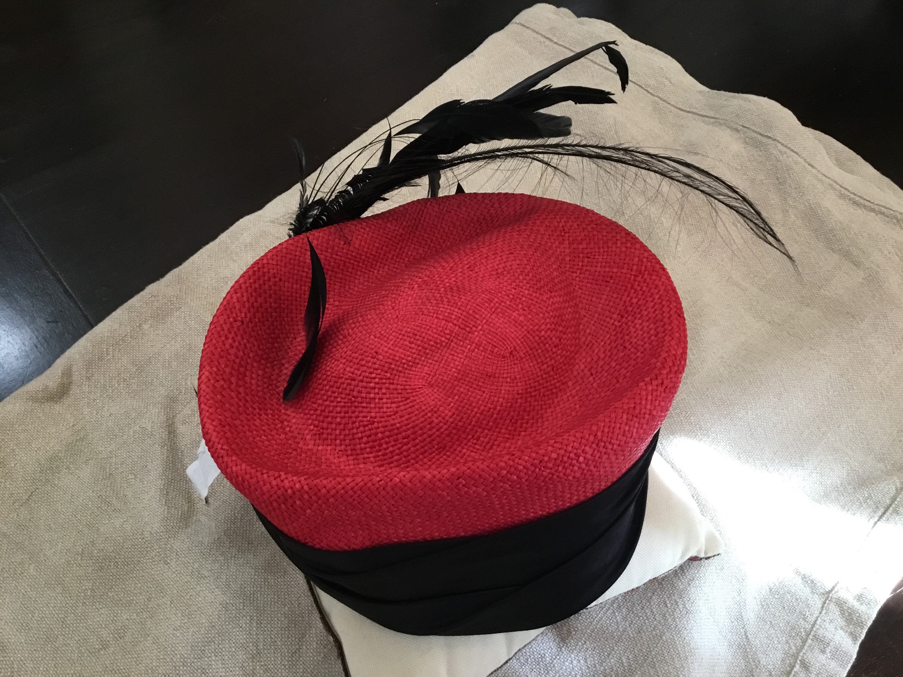 Vintage Mr Charles Red Feather Wool Hat fascinator Sunday best Vintage Hat / Red Pillbox With Black Feather Trim / Mr  main image 3