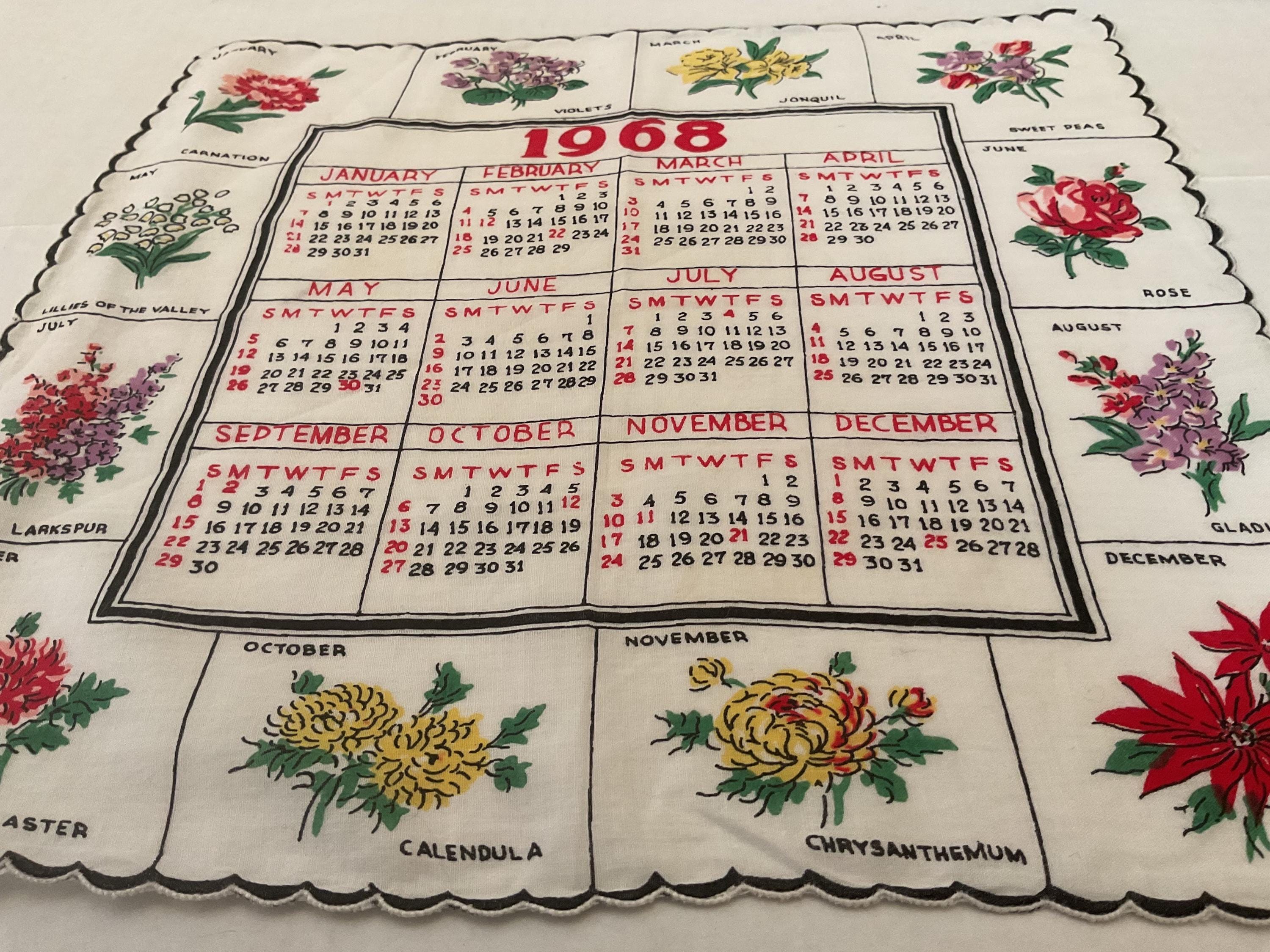 Vintage Handkerchief / 1968 Calendar, Probably by Krier - Etsy