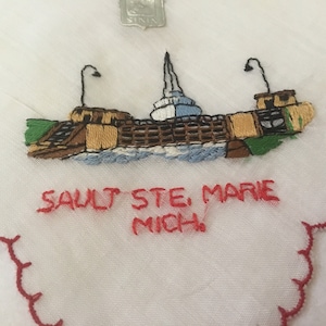 Vintage Tourist Handkerchief / Sally Ste. Marie, Michigan