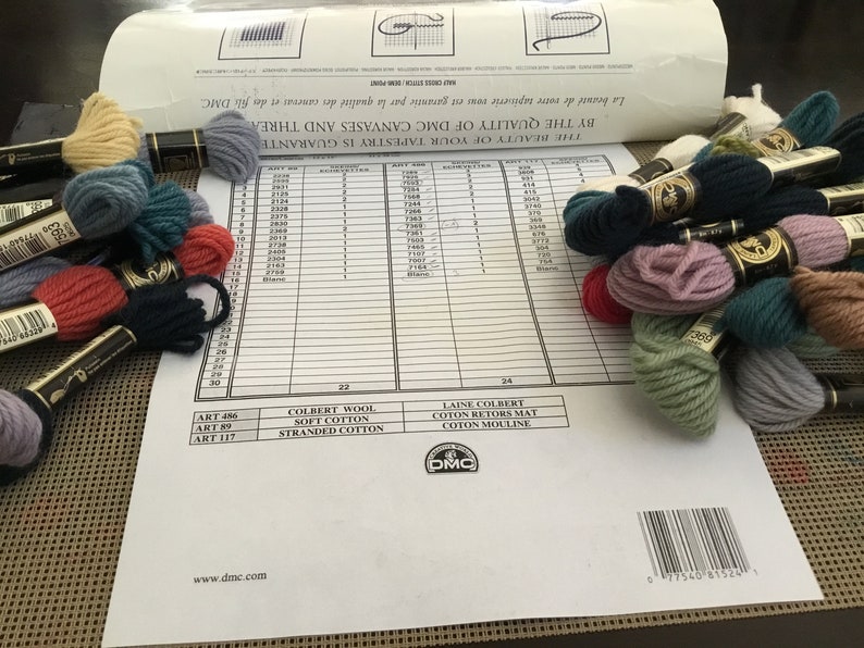 May include: A close-up of a DMC embroidery floss color chart with various skeins of floss in different colors, including red, blue, green, and brown. The chart includes the DMC floss numbers and the names of the different types of floss.