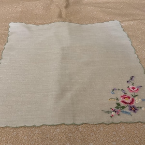 Vintage Handkerchief / Hand Embroidered Petit Pointe and Embroidery on Pale Green