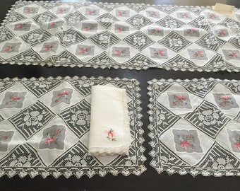 Vintage Table Runner, Placement and Napkin Set / Madeira Style Embroidery, Appliqué and Lace / 17 Pieces
