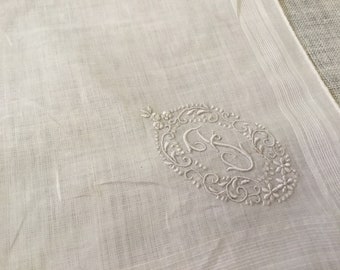 Vintage Handkerchief / White on White Embroidery  / Initial "F”