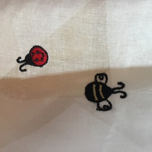 Fabric / Embroidered Ladybugs and Bees on Crisp White Organdy