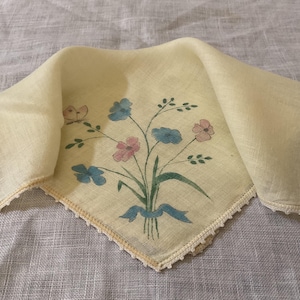 Vintage Handkerchief / Hand Painted Flowers and Butterfly