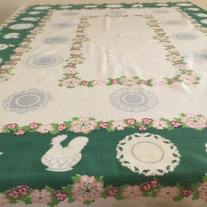 Vintage Tablecloth / Milkglass Dishes on Heavy Cotton Pique