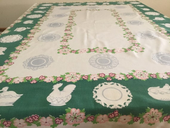 Vintage Tablecloth / Milkglass Dishes on Heavy Cotton Pique