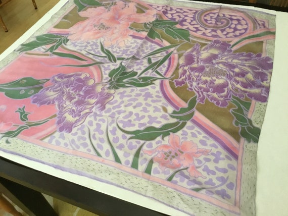 Vintage Silk Scarf / Pastel Peonies and Orchids - image 1