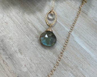 Labradorite and Quartz 14k Gold Filled Necklace, Genuine Gemstone Drop Adjustable Necklace, Labradorite Jewelry, Chunky Necklace