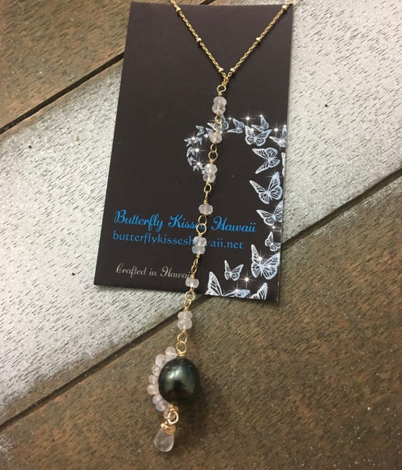 Mahina Necklace Tahitian Pearl and Rainbow Moonstone 14k Gold Etsy